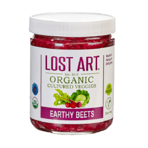 A jar of organic beets is shown.