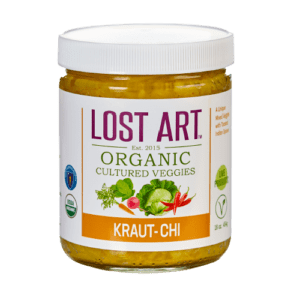 A jar of organic cultured veggies kraut-chi.
